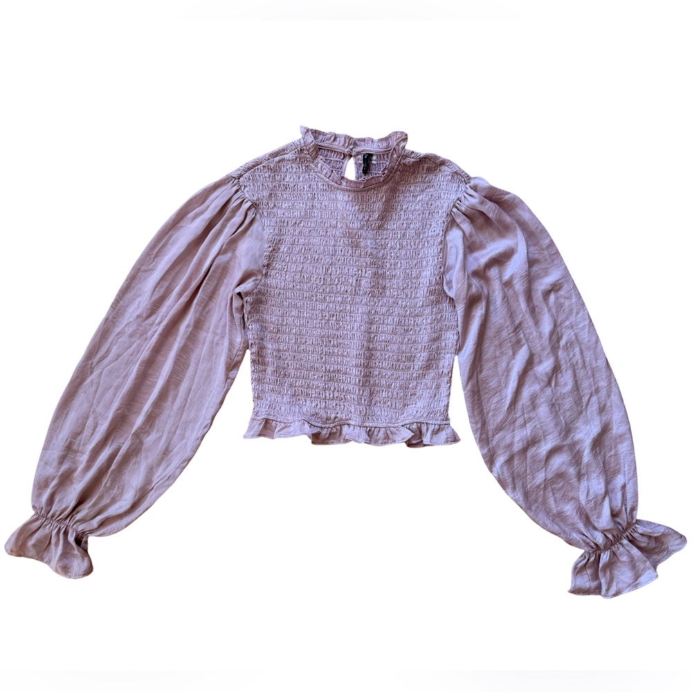 SAN•JOY L/S SMOCKED BODY SATIN BLOUSE in Mauve